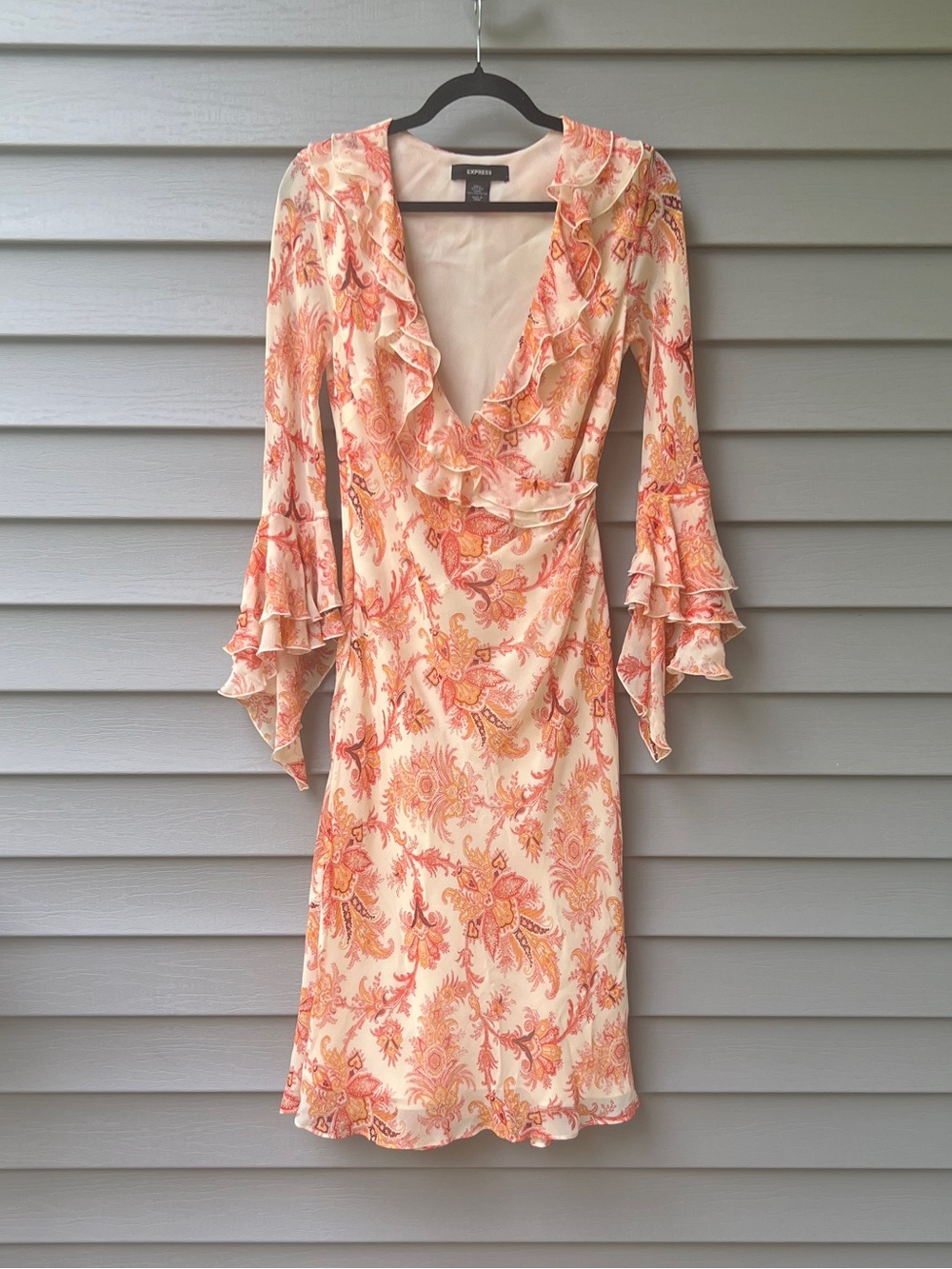 Express YK2 Silk Drape Dress Coral Paisley Ruffle Bias Cut Bell Sleeves Size 7/8